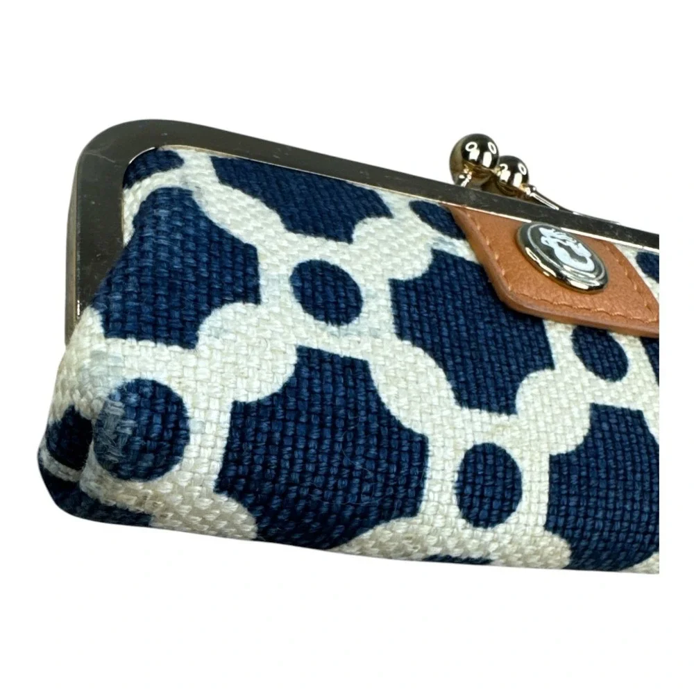 Spartina 449 Navy Blue White Linen Kiss Lock Clutch Wallet Gold Hardware Mermaid